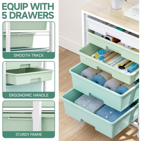 Craft cart,Rolling Cart with Drawers,Storage Cart with 5 Drawers and Wooden Tabl - Picture 4 of 9